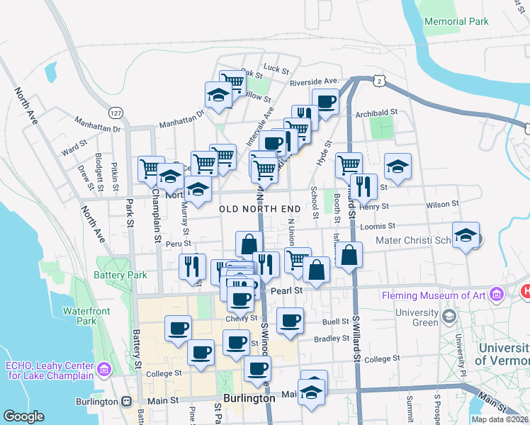 map of restaurants, bars, coffee shops, grocery stores, and more near 116 North Winooski Avenue in Burlington