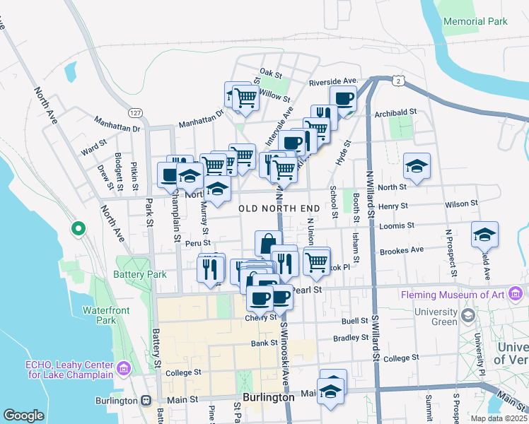 map of restaurants, bars, coffee shops, grocery stores, and more near 115 North Winooski Avenue in Burlington