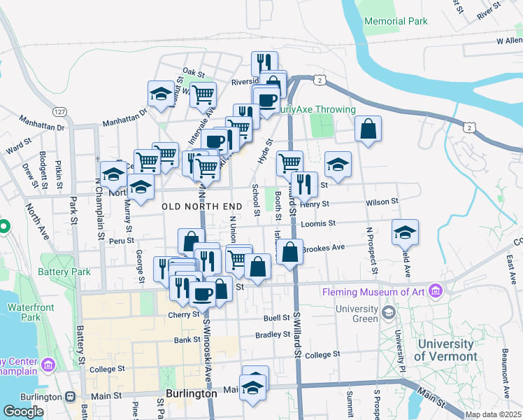 map of restaurants, bars, coffee shops, grocery stores, and more near 28 School Street in Burlington