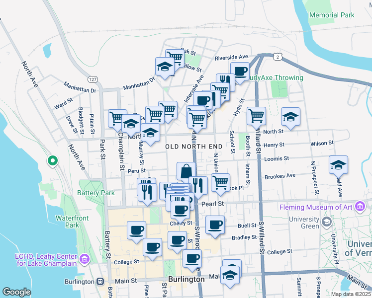 map of restaurants, bars, coffee shops, grocery stores, and more near 115 North Winooski Avenue in Burlington