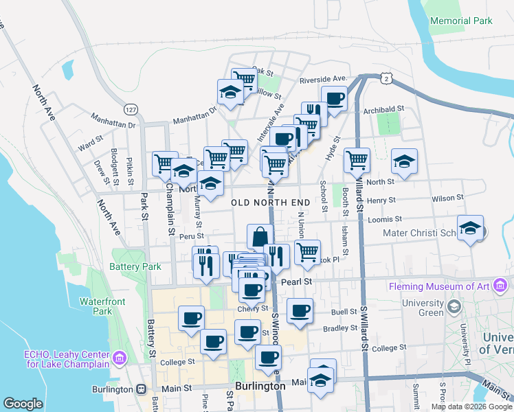 map of restaurants, bars, coffee shops, grocery stores, and more near 119 North Winooski Avenue in Burlington
