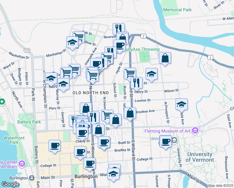 map of restaurants, bars, coffee shops, grocery stores, and more near 24 School Street in Burlington