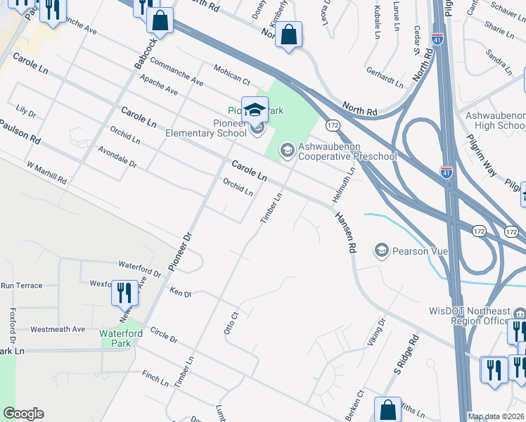 map of restaurants, bars, coffee shops, grocery stores, and more near 2678 Timber Lane in Ashwaubenon