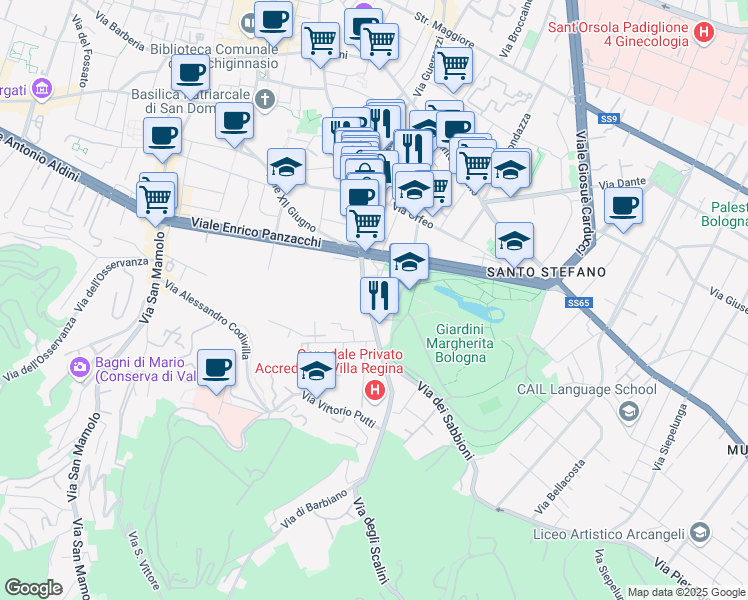 map of restaurants, bars, coffee shops, grocery stores, and more near 132 Via Castiglione in Bologna