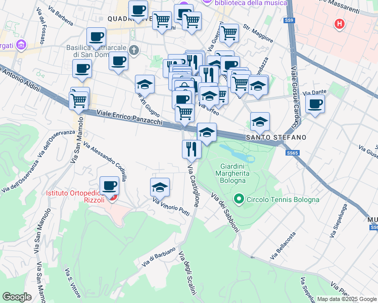 map of restaurants, bars, coffee shops, grocery stores, and more near 132 Via Castiglione in Bologna