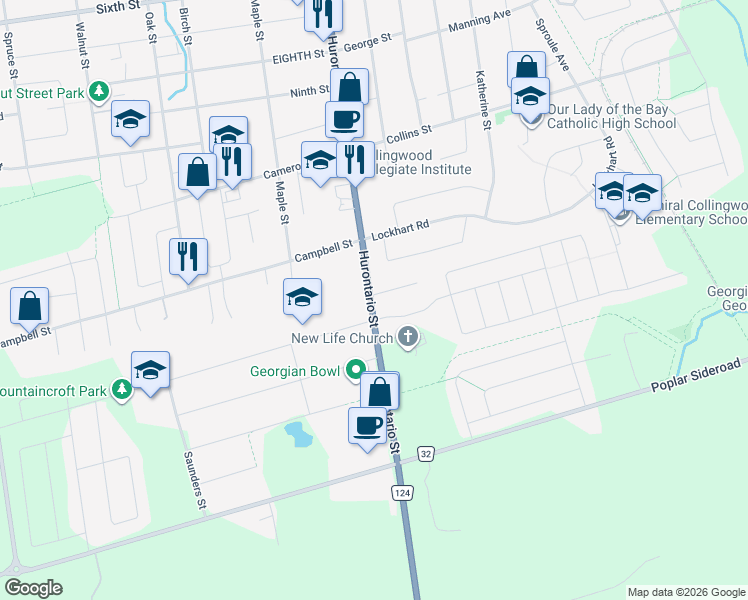 map of restaurants, bars, coffee shops, grocery stores, and more near 2 Golfview Drive in Collingwood