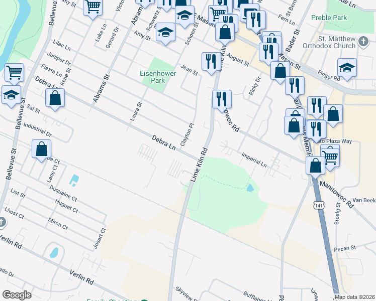 map of restaurants, bars, coffee shops, grocery stores, and more near 1949 Debra Lane in Green Bay