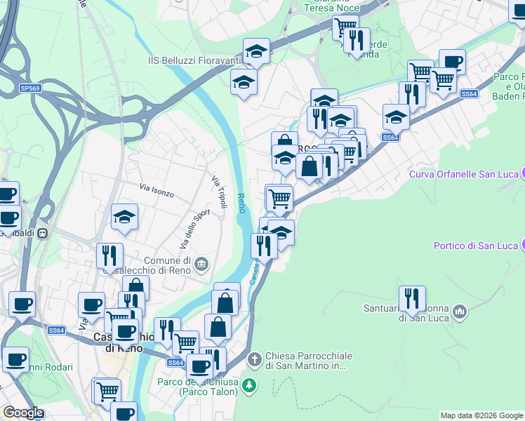 map of restaurants, bars, coffee shops, grocery stores, and more near 111 Via della Bastia in Casalecchio di Reno