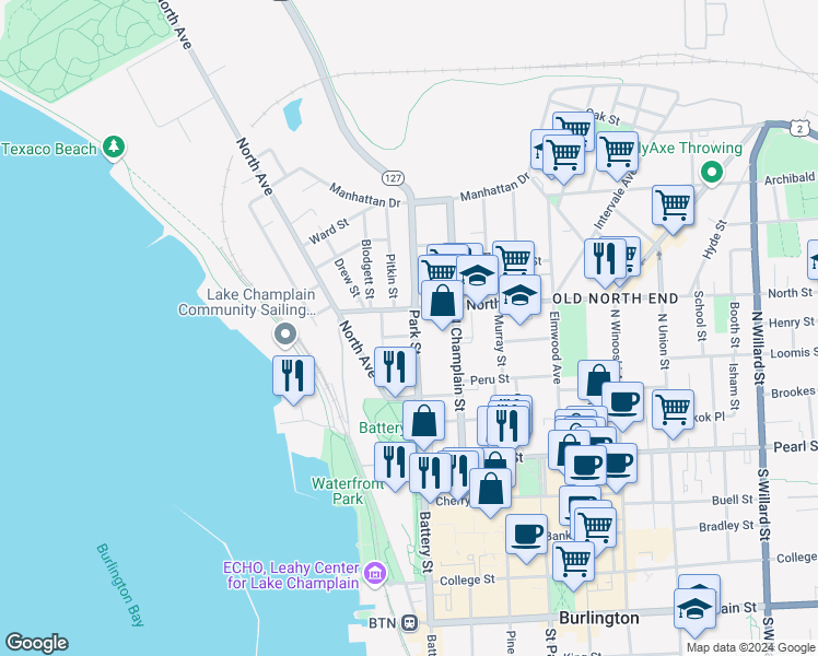 map of restaurants, bars, coffee shops, grocery stores, and more near 121 Park Street in Burlington