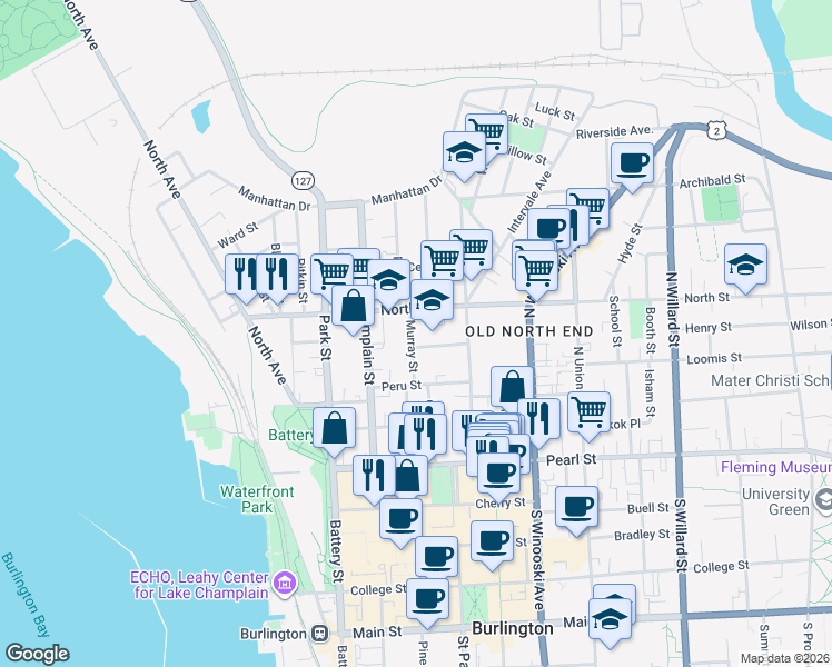 map of restaurants, bars, coffee shops, grocery stores, and more near 53-55 Murray Street in Burlington