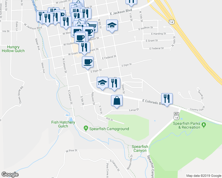 map of restaurants, bars, coffee shops, grocery stores, and more near 112 East Colorado Boulevard in Spearfish