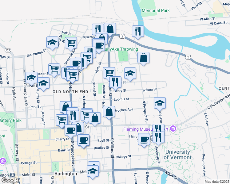 map of restaurants, bars, coffee shops, grocery stores, and more near 24 Weston Street in Burlington