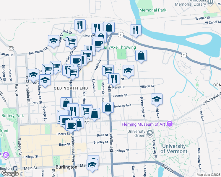 map of restaurants, bars, coffee shops, grocery stores, and more near 115 U.S. 7 in Burlington