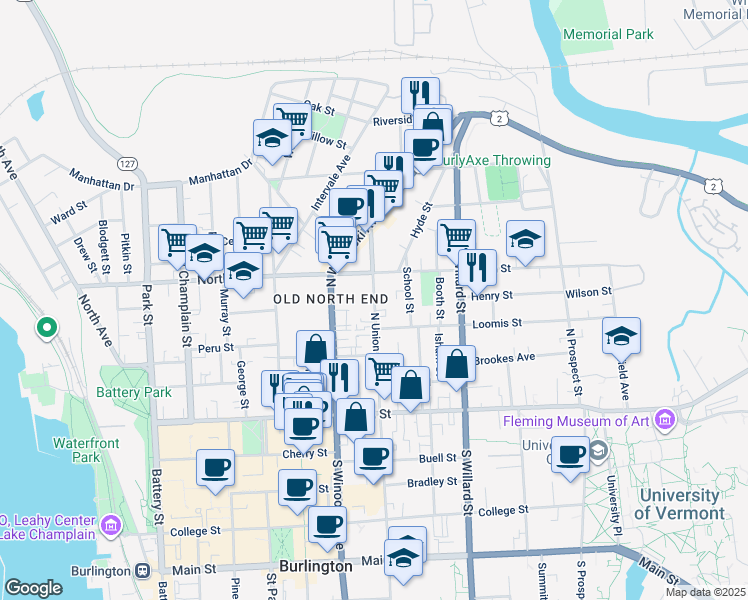 map of restaurants, bars, coffee shops, grocery stores, and more near 124 North Union Street in Burlington