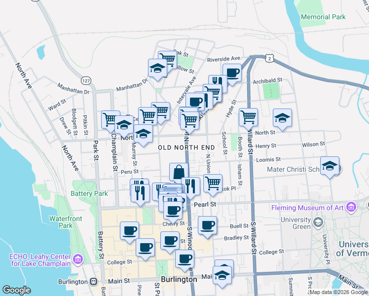 map of restaurants, bars, coffee shops, grocery stores, and more near 115 North Winooski Avenue in Burlington