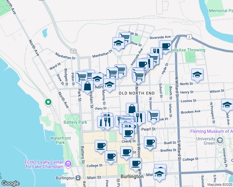 map of restaurants, bars, coffee shops, grocery stores, and more near 121 Elmwood Avenue in Burlington