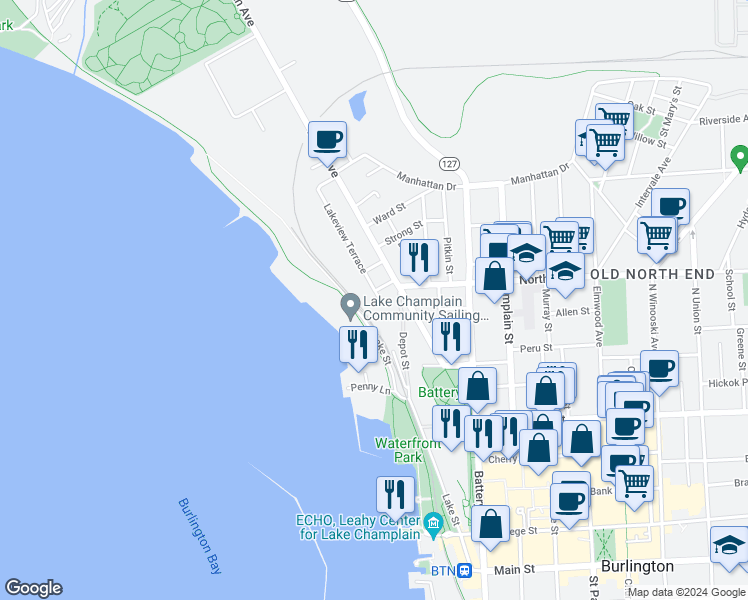 map of restaurants, bars, coffee shops, grocery stores, and more near 11 Lakeview Terrace in Burlington
