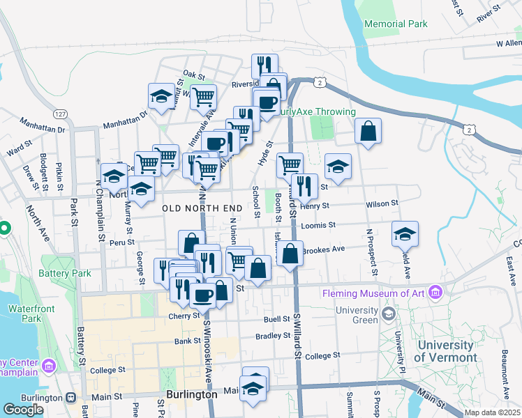 map of restaurants, bars, coffee shops, grocery stores, and more near 28 School Street in Burlington