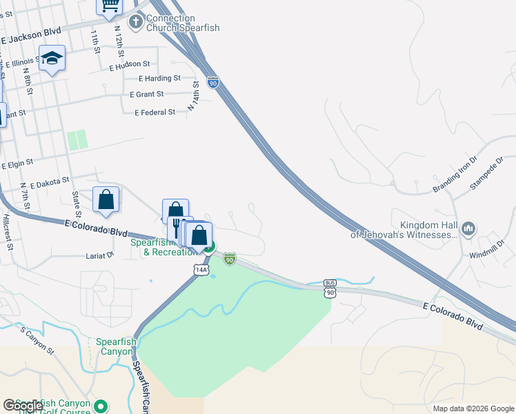 map of restaurants, bars, coffee shops, grocery stores, and more near 270 Fairway Drive in Spearfish