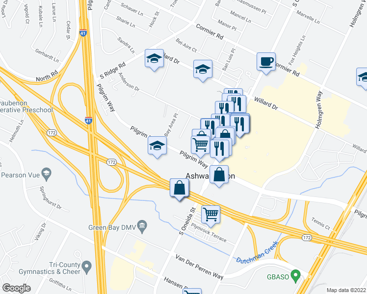 map of restaurants, bars, coffee shops, grocery stores, and more near 938 Pilgrim Way in Ashwaubenon