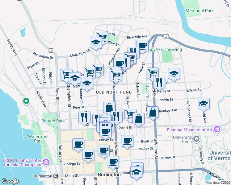 map of restaurants, bars, coffee shops, grocery stores, and more near 122 North Winooski Avenue in Burlington