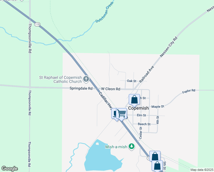 map of restaurants, bars, coffee shops, grocery stores, and more near 18490 Springdale Road in Copemish