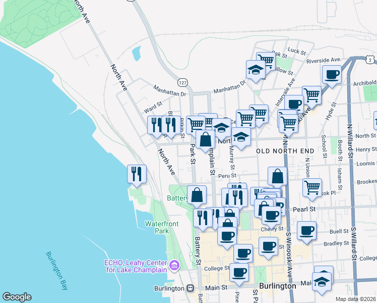 map of restaurants, bars, coffee shops, grocery stores, and more near 123 Park Street in Burlington