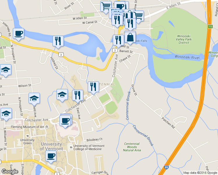 map of restaurants, bars, coffee shops, grocery stores, and more near 339 Colchester Avenue in Burlington