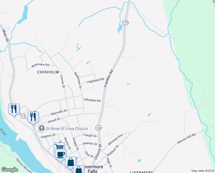 map of restaurants, bars, coffee shops, grocery stores, and more near 56 Franklin Road in Jay