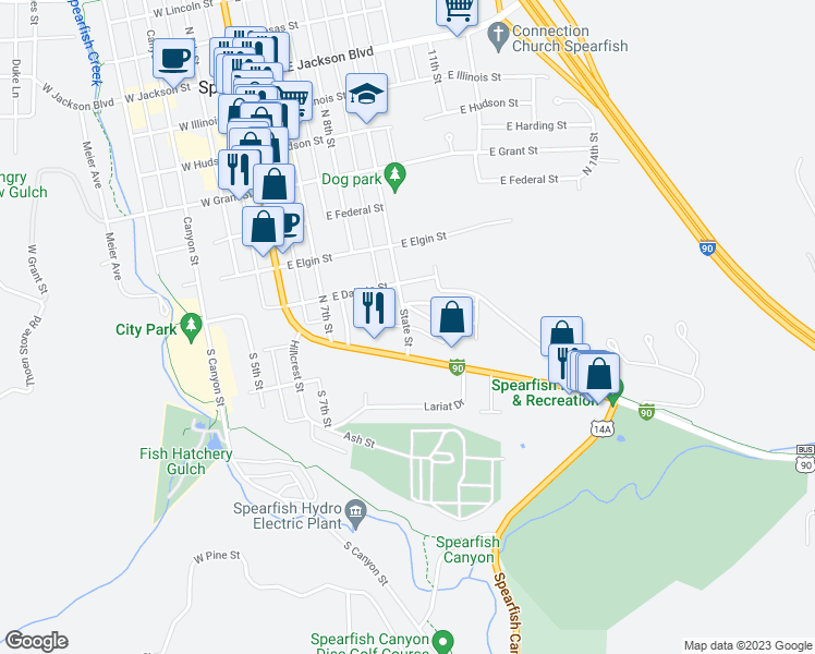 map of restaurants, bars, coffee shops, grocery stores, and more near 156 State St in Spearfish