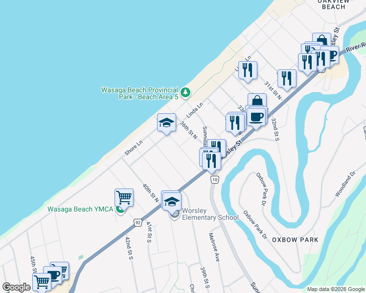 map of restaurants, bars, coffee shops, grocery stores, and more near 77 37th Street North in Wasaga Beach
