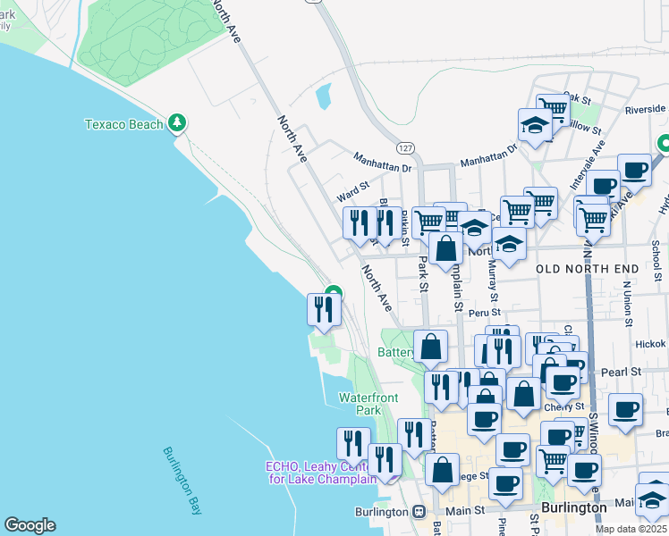 map of restaurants, bars, coffee shops, grocery stores, and more near 11 Lakeview Terrace in Burlington