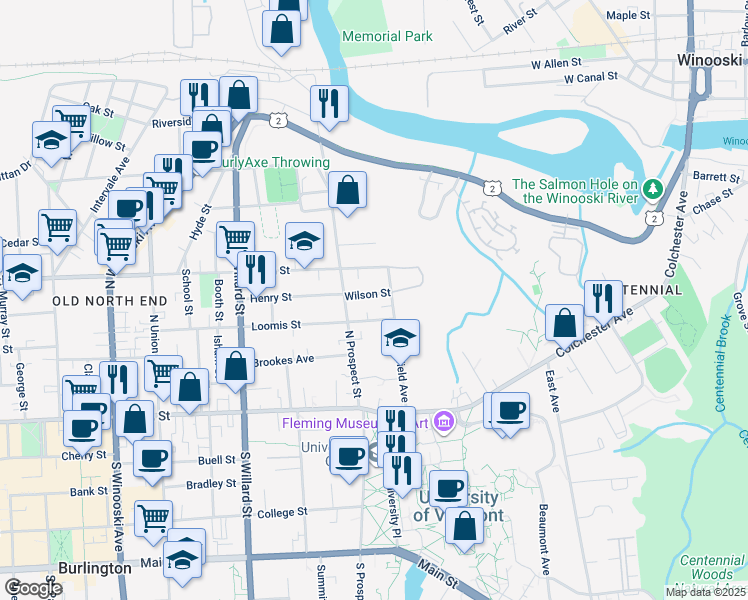 map of restaurants, bars, coffee shops, grocery stores, and more near 29 Wilson Street in Burlington