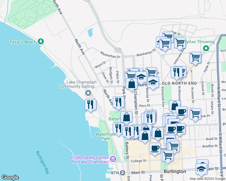 map of restaurants, bars, coffee shops, grocery stores, and more near 75 Front Street in Burlington