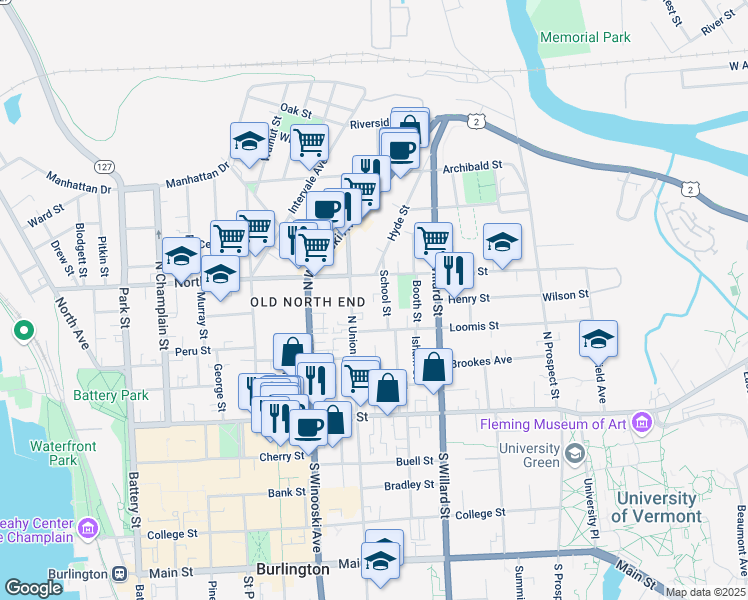 map of restaurants, bars, coffee shops, grocery stores, and more near 124 North Union Street in Burlington