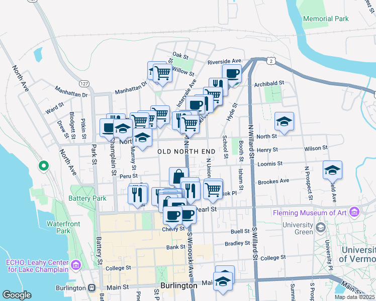 map of restaurants, bars, coffee shops, grocery stores, and more near 119 North Winooski Avenue in Burlington