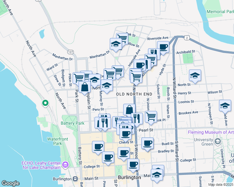 map of restaurants, bars, coffee shops, grocery stores, and more near 121 Elmwood Avenue in Burlington