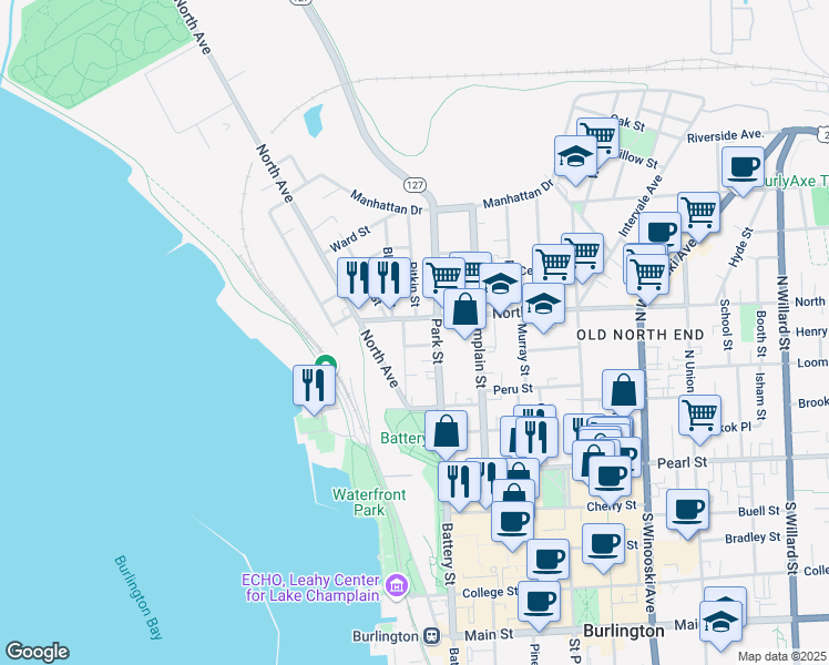 map of restaurants, bars, coffee shops, grocery stores, and more near 102 Park Street in Burlington