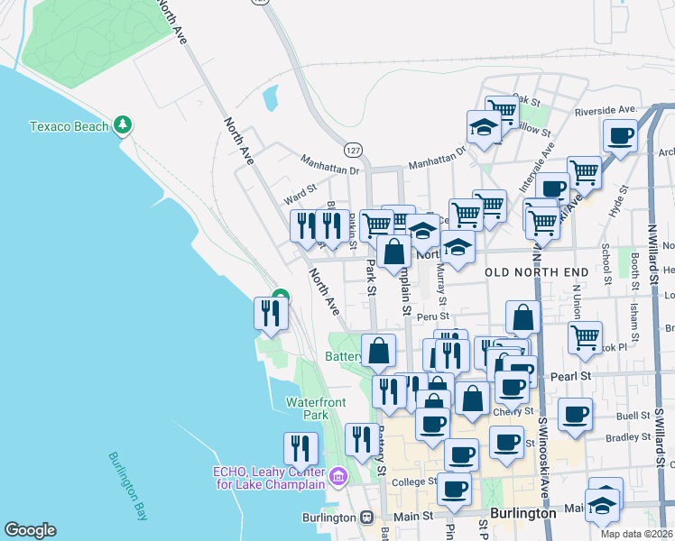 map of restaurants, bars, coffee shops, grocery stores, and more near 75 Front Street in Burlington