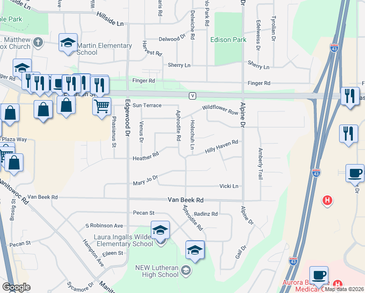 map of restaurants, bars, coffee shops, grocery stores, and more near 920 Aphrodite Road in Green Bay