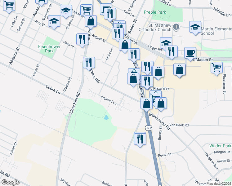map of restaurants, bars, coffee shops, grocery stores, and more near 2131 Imperial Lane in Green Bay
