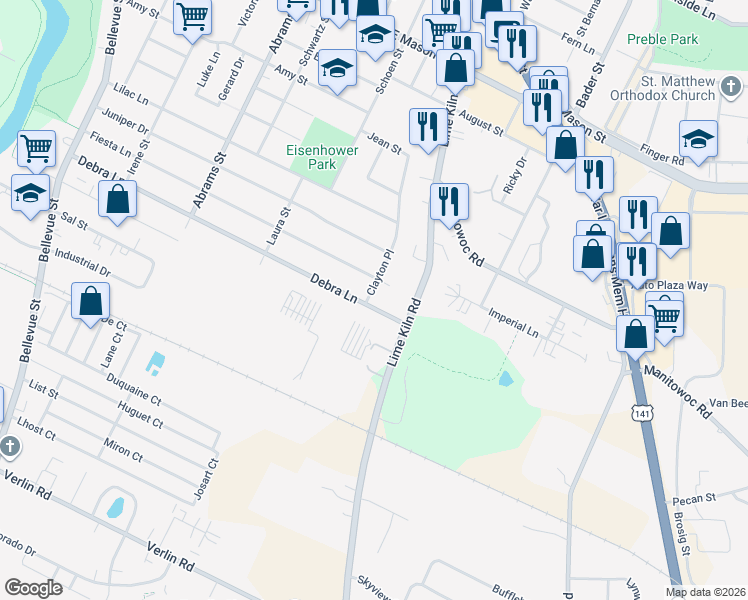 map of restaurants, bars, coffee shops, grocery stores, and more near 1949 Debra Lane in Green Bay