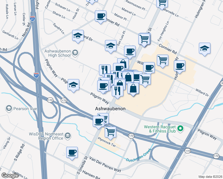 map of restaurants, bars, coffee shops, grocery stores, and more near 2476 South Oneida Street in Green Bay