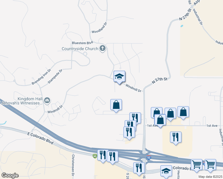 map of restaurants, bars, coffee shops, grocery stores, and more near 2509 Windmill Drive in Spearfish