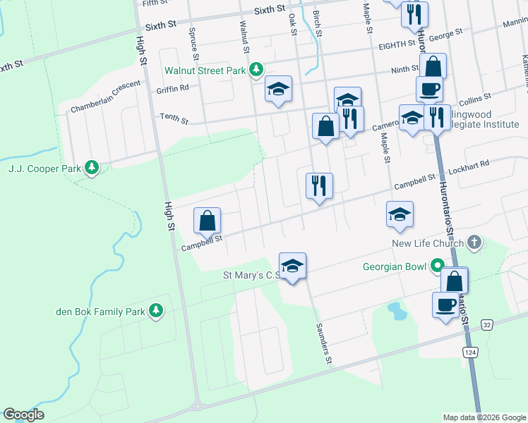 map of restaurants, bars, coffee shops, grocery stores, and more near 145 Campbell Street in Collingwood