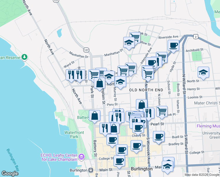 map of restaurants, bars, coffee shops, grocery stores, and more near 53-55 Murray Street in Burlington
