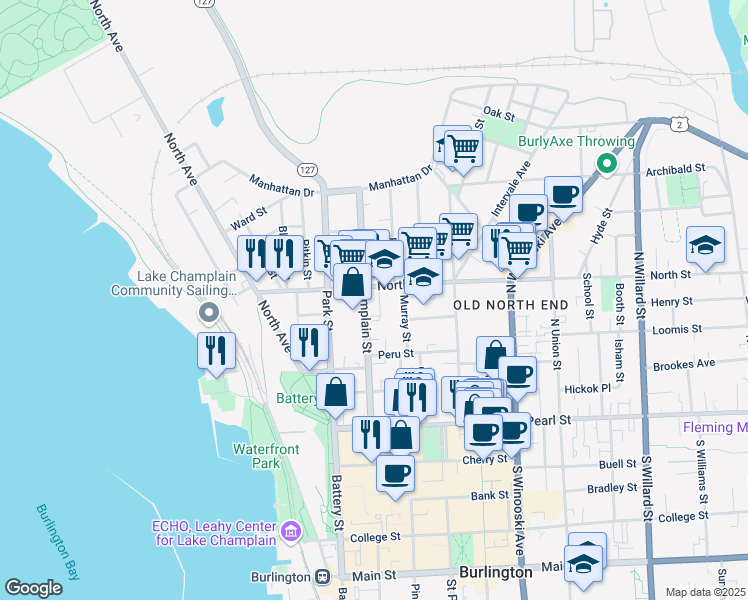 map of restaurants, bars, coffee shops, grocery stores, and more near 125 North Champlain Street in Burlington