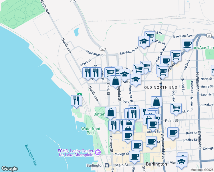 map of restaurants, bars, coffee shops, grocery stores, and more near 102 Park Street in Burlington