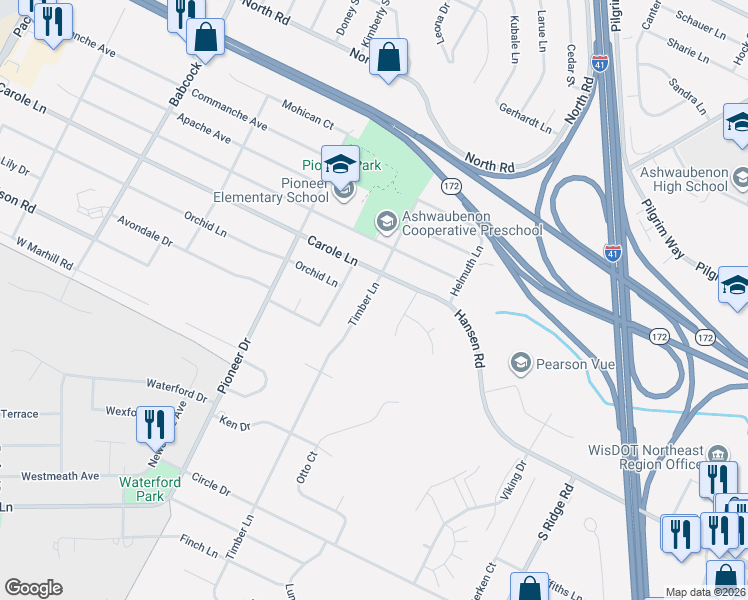 map of restaurants, bars, coffee shops, grocery stores, and more near 2663 Timber Lane in Green Bay