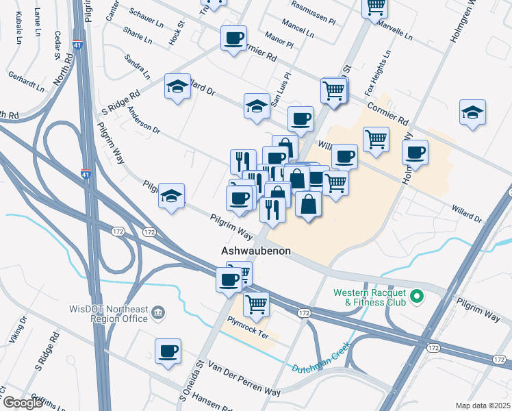 map of restaurants, bars, coffee shops, grocery stores, and more near 2476 South Oneida Street in Green Bay